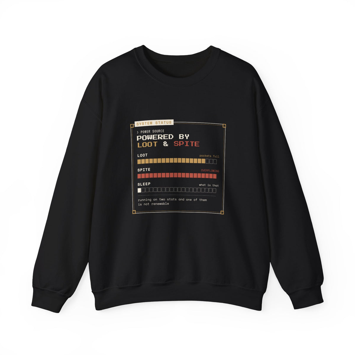 Powered by Loot and Spite Dungeon Crawler Sweatshirt