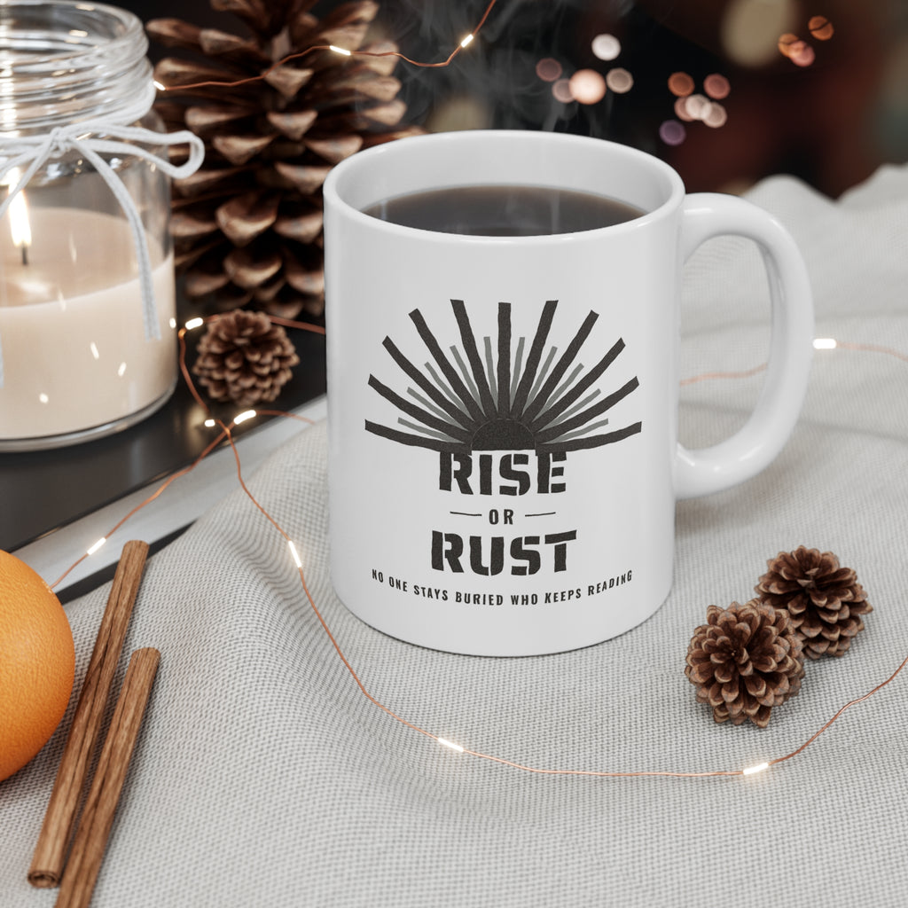 Rise or Rust Dystopian Sci-Fi Reader Mug