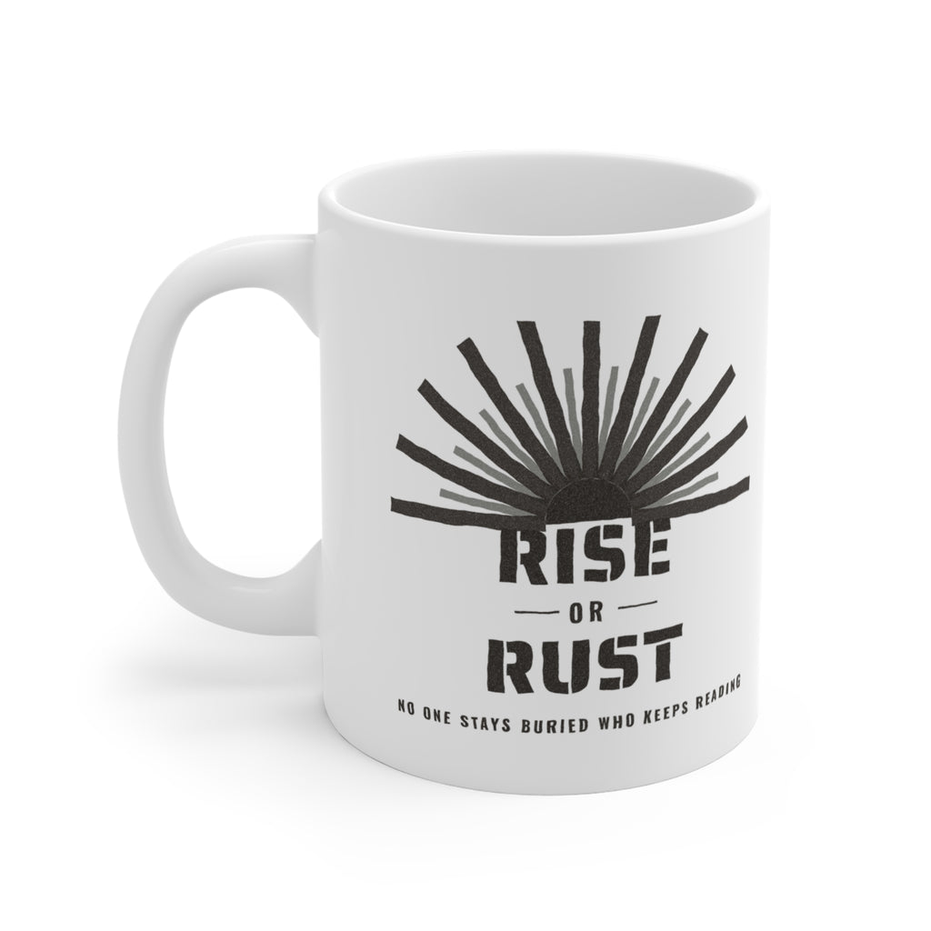 Rise or Rust Dystopian Sci-Fi Reader Mug