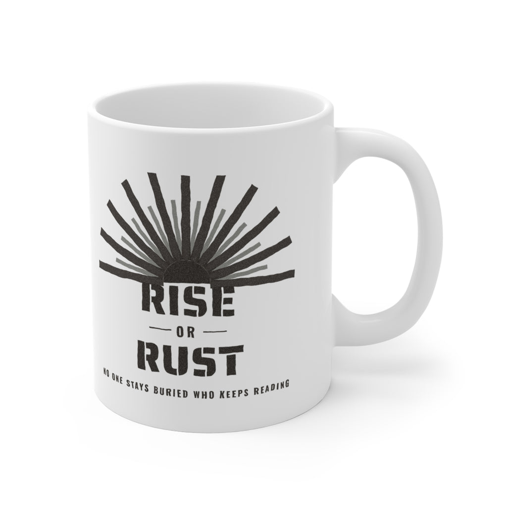 Rise or Rust Dystopian Sci-Fi Reader Mug