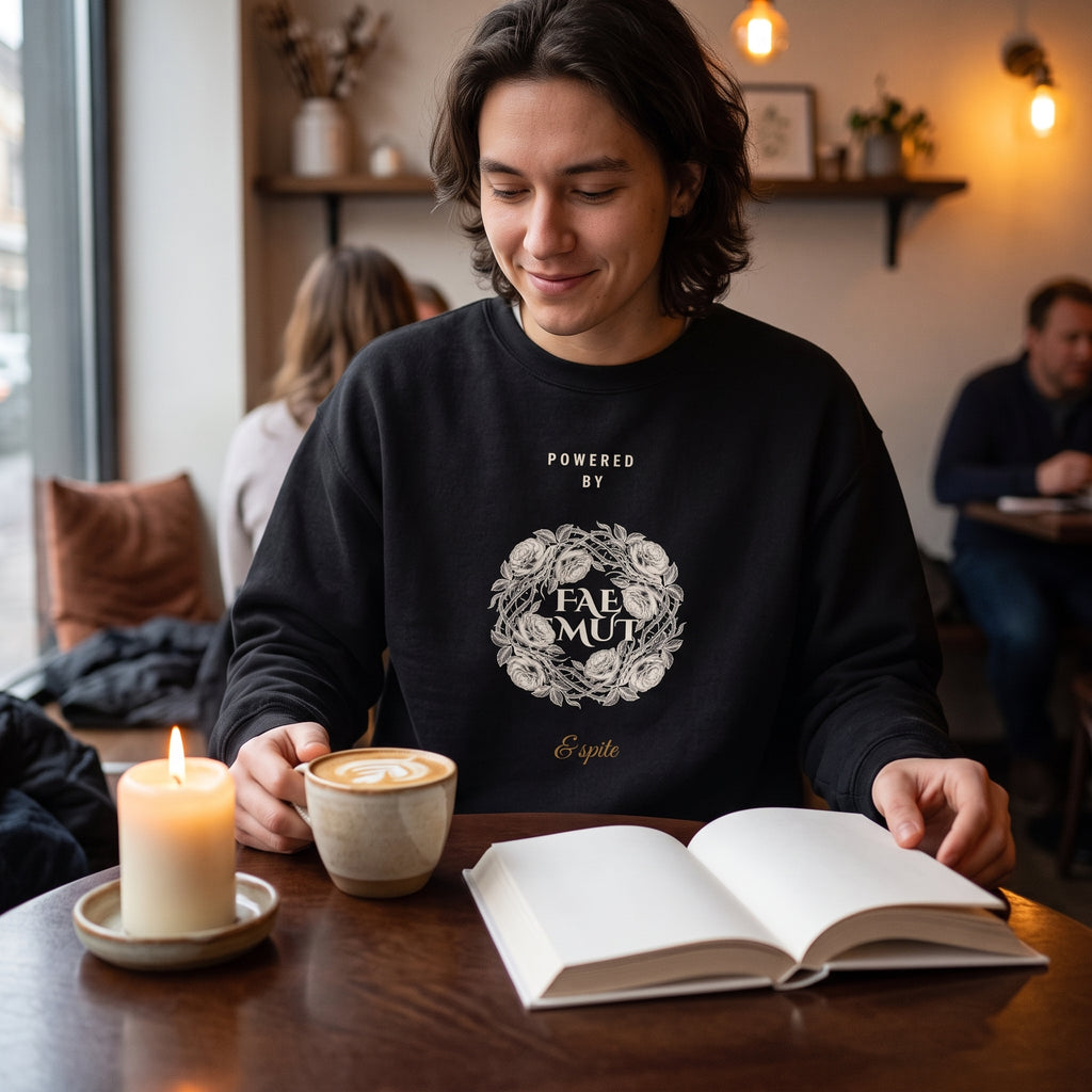 Powered by Fae Smut & Spite — sweatshirt worn by a reader
