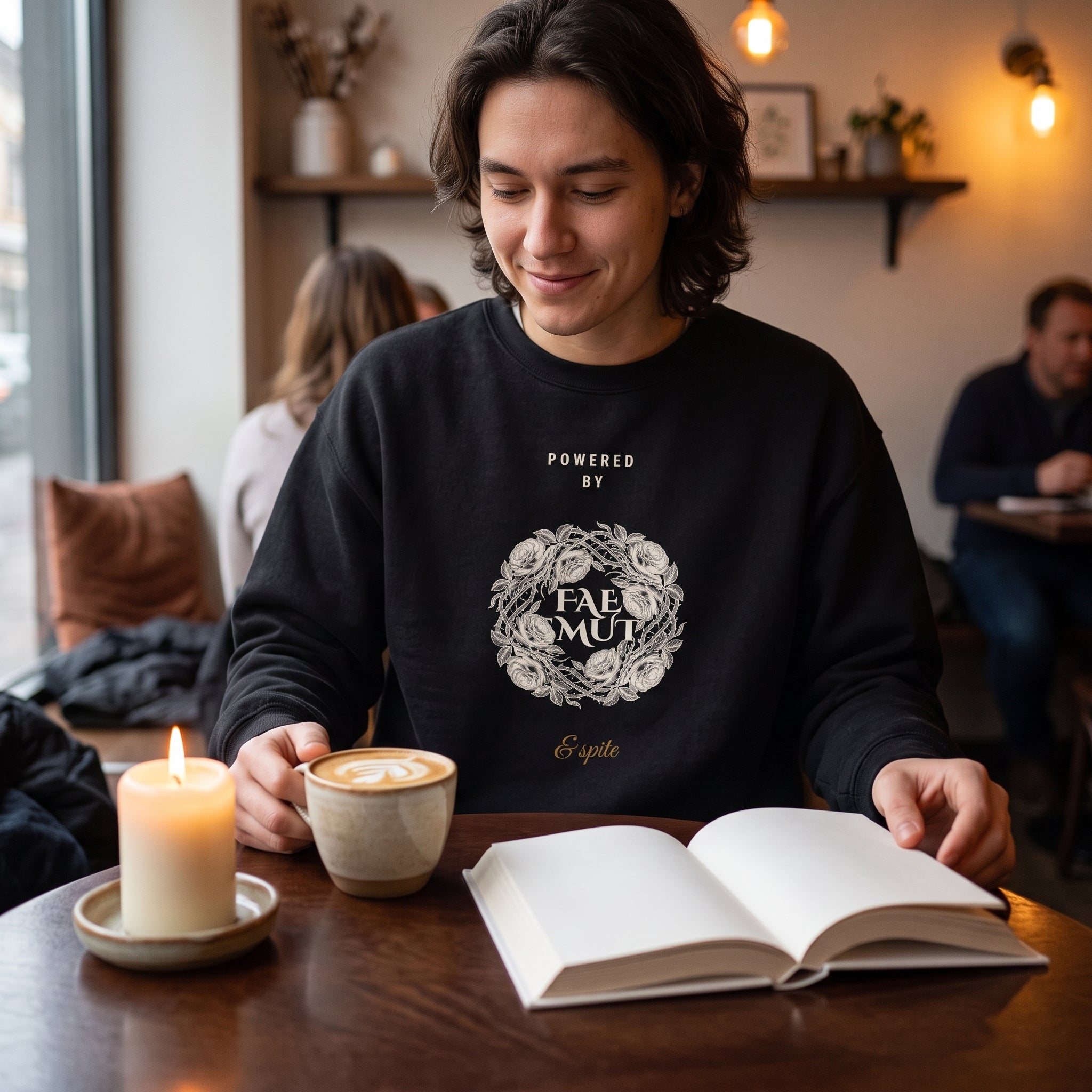 Powered by Fae Smut & Spite — sweatshirt worn by a reader