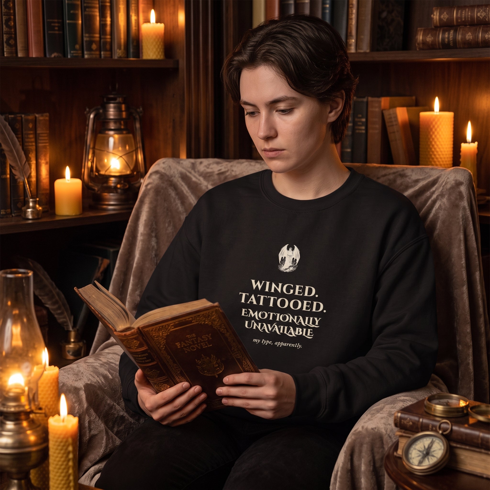 Winged. Tattooed. Emotionally Unavailable. — sweatshirt worn by a reader