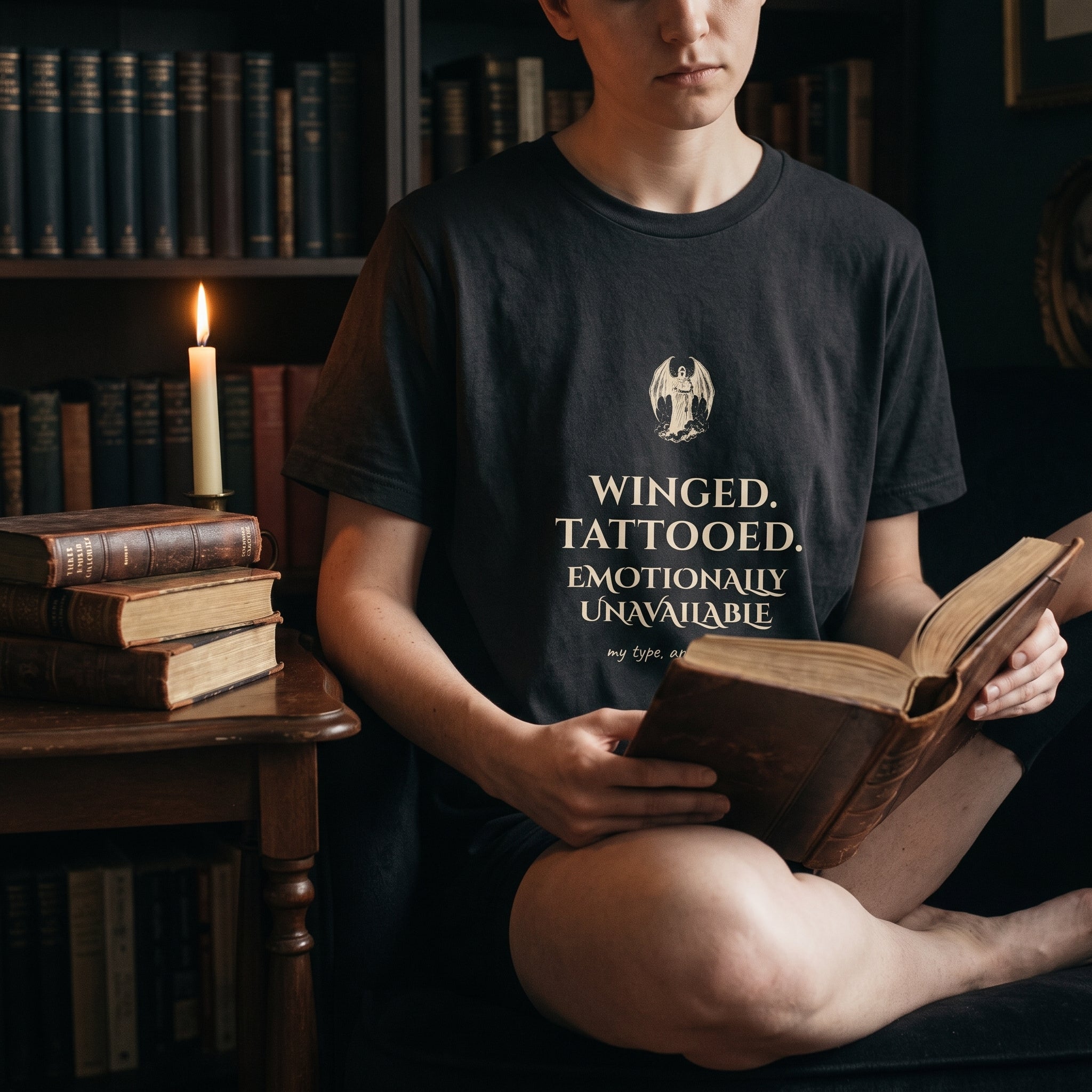 Winged. Tattooed. Emotionally Unavailable. — t-shirt worn by a reader