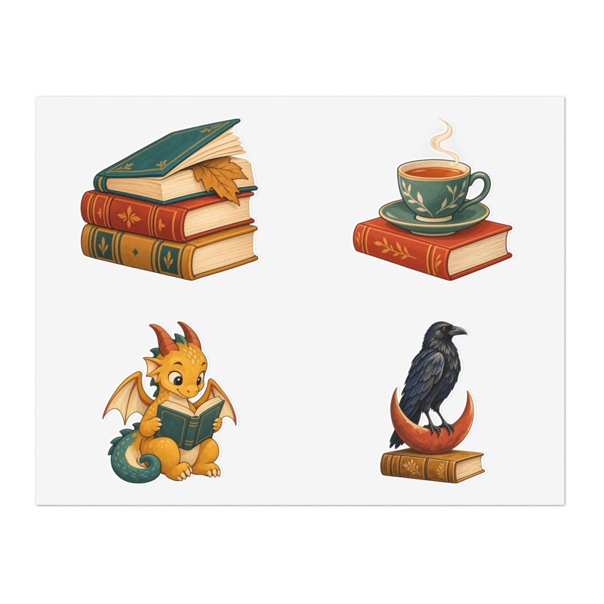 Bookish Motifs Four-Sticker Sheet — actual supplier front view · 11" × 8.5" / White / Die-Cut