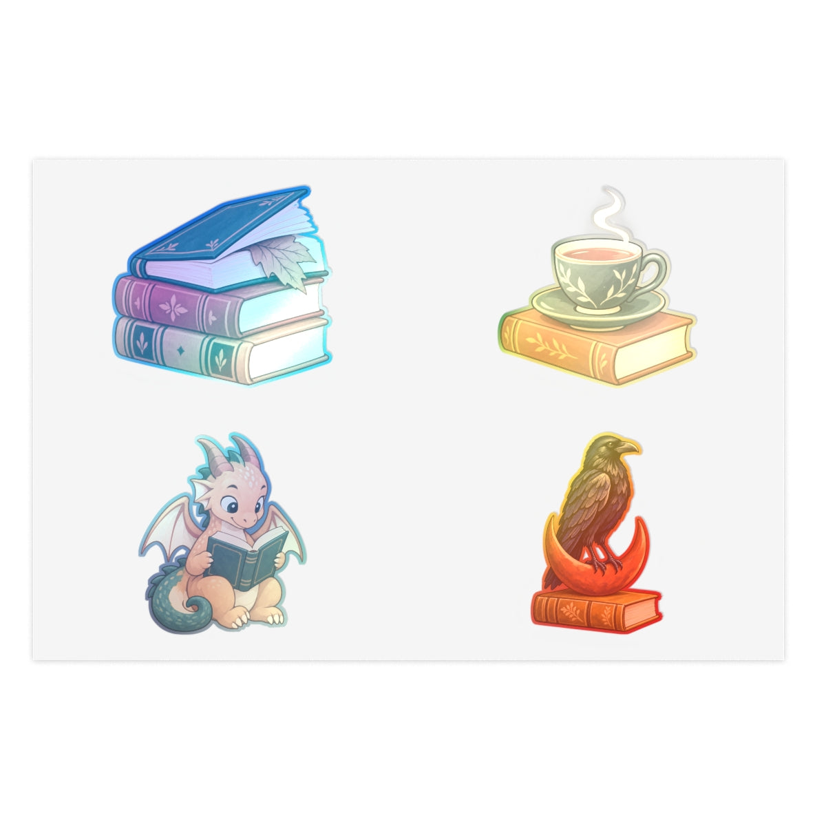 Bookish Motifs Four-Sticker Sheet — actual supplier front view · 6" × 4" / Holographic / Die-Cut