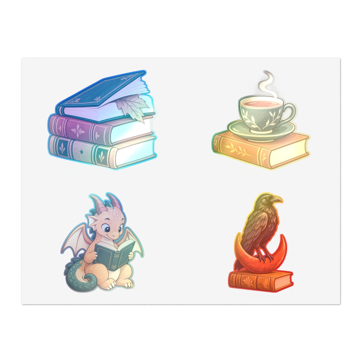 Bookish Motifs Four-Sticker Sheet — actual supplier front view · 11" × 8.5" / Holographic / Die-Cut