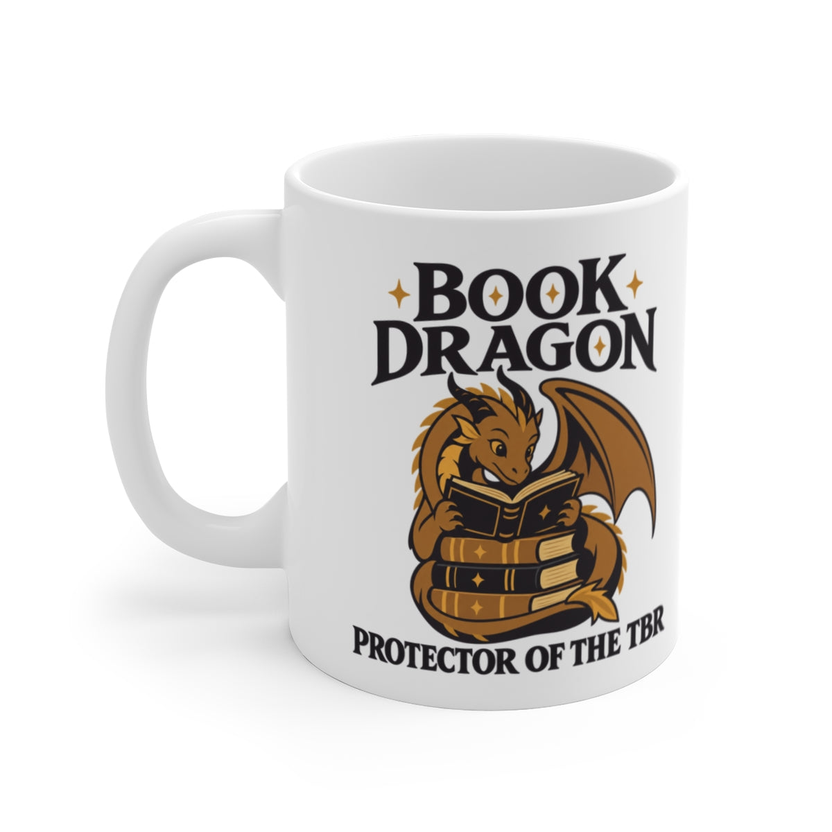 Book Dragon — Protector of the TBR Mug — white 11 oz mug, first printed side