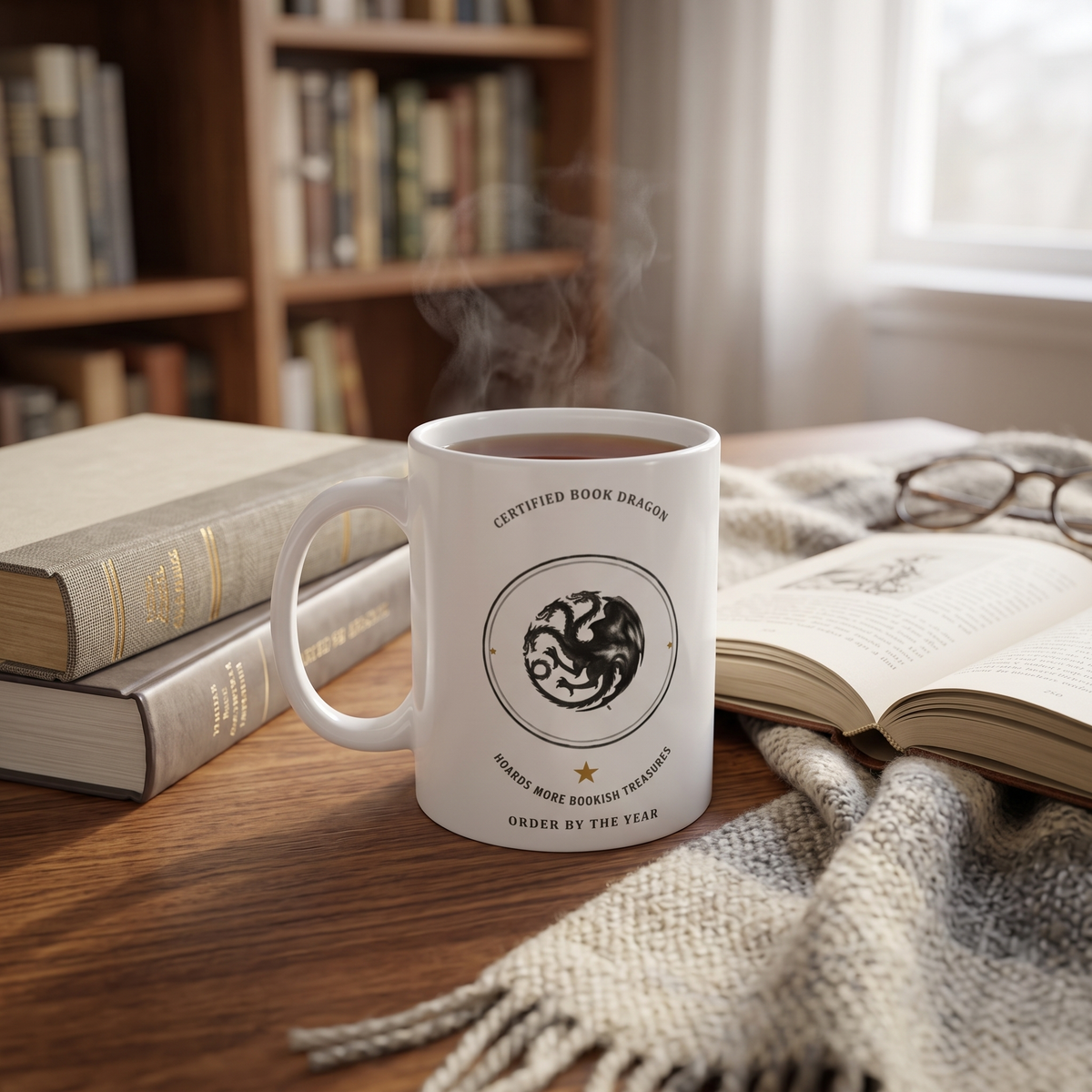 Certified Book Dragon — Hoards Books · Breathes Plot Twists — mug in a reader’s hands