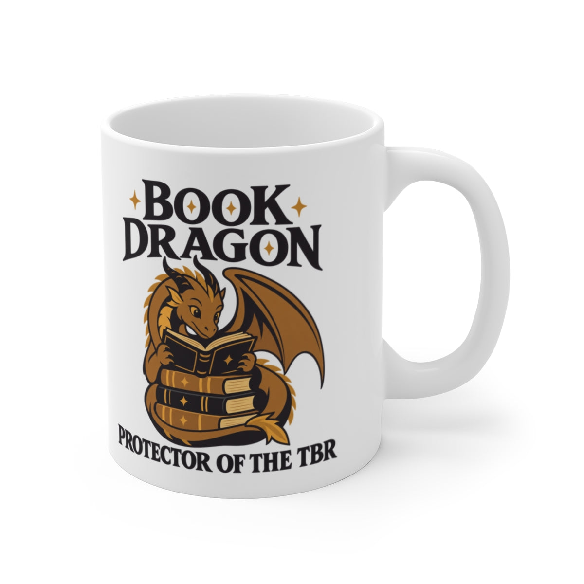 Book Dragon — Protector of the TBR Mug — white 11 oz mug, second printed side