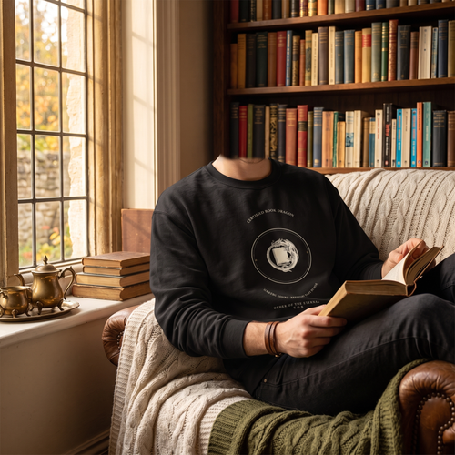 Certified Book Dragon — Hoards Books · Breathes Plot Twists — sweatshirt worn by a reader