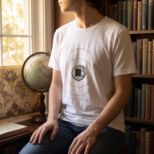 Certified Book Dragon — Hoards Books · Breathes Plot Twists — t-shirt worn by a reader