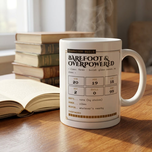 Barefoot & Overpowered — mug in a reader’s hands