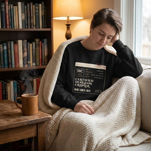 Certified Dungeon Crawler — Season One, Do Not Die — sweatshirt worn by a reader