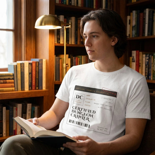 Certified Dungeon Crawler — Season One, Do Not Die — t-shirt worn by a reader