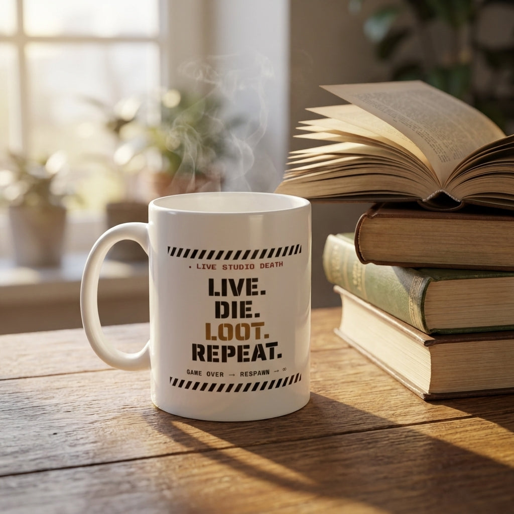 Live. Die. Loot. Repeat. — mug in a reader’s hands