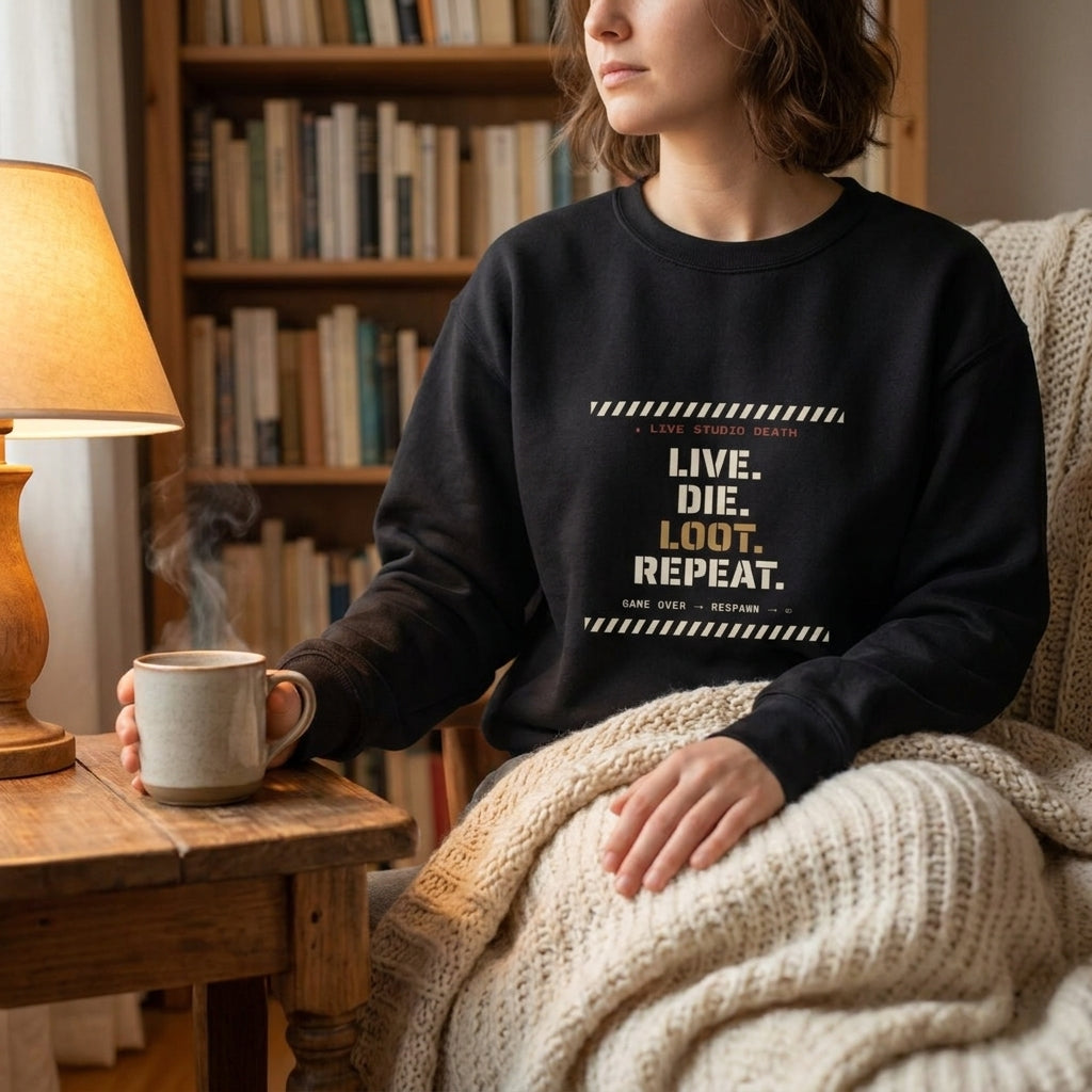Live. Die. Loot. Repeat. — sweatshirt worn by a reader