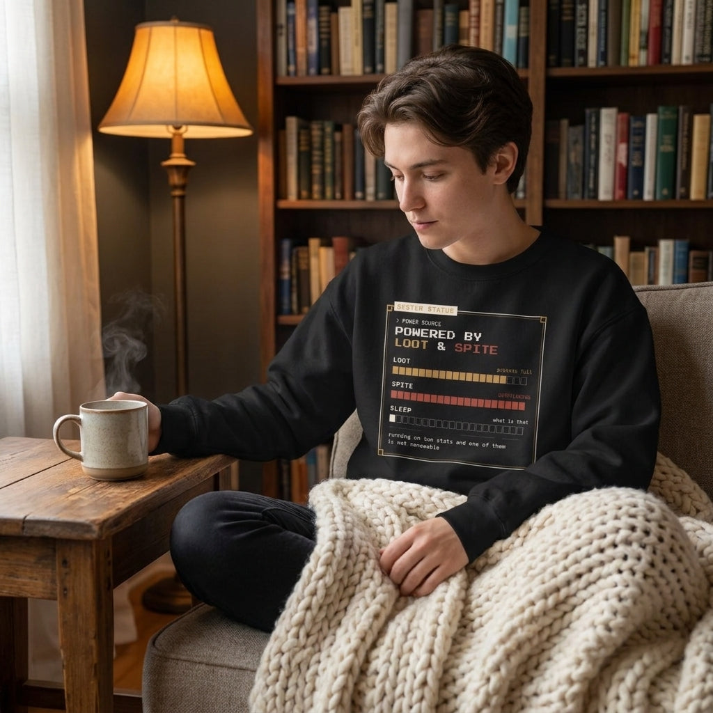 Powered by Loot & Spite — sweatshirt worn by a reader