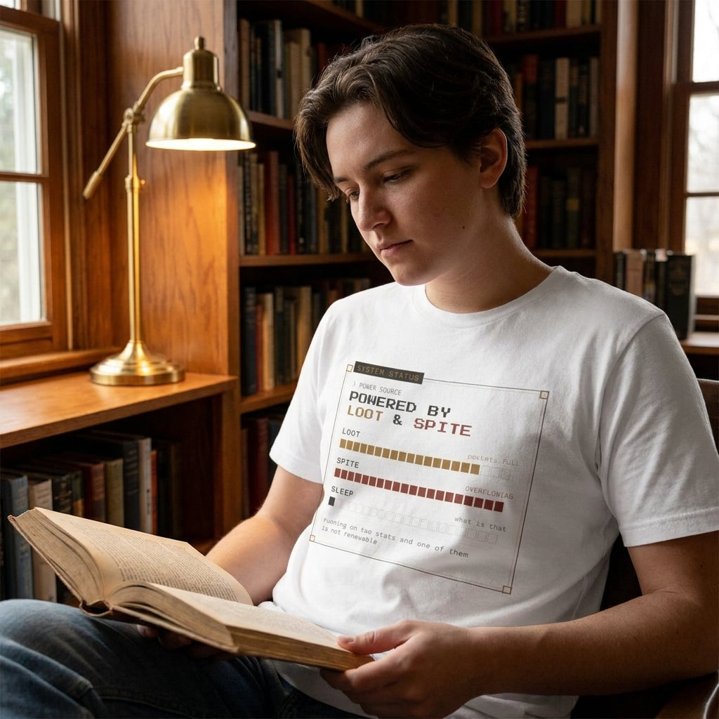 Powered by Loot & Spite — t-shirt worn by a reader
