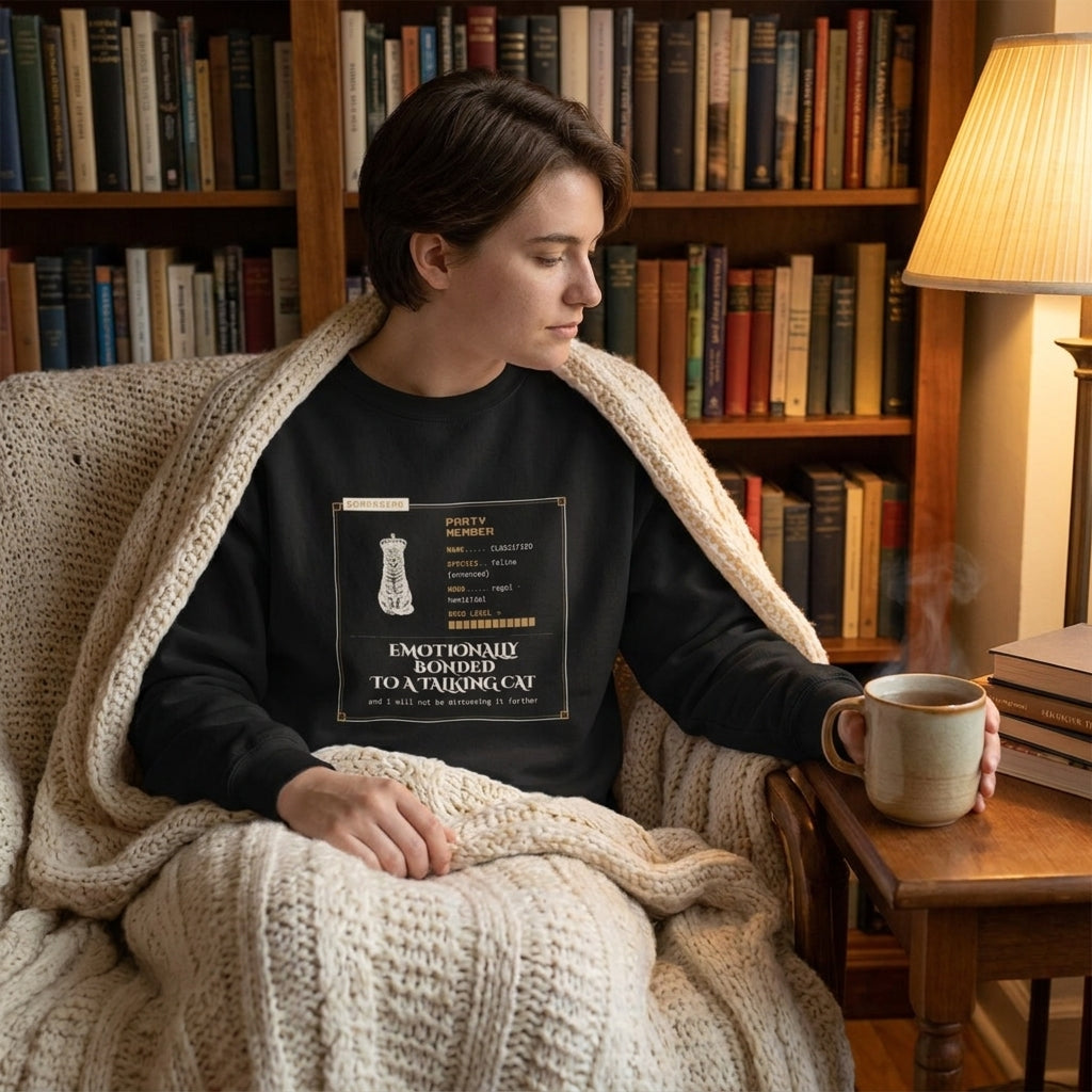 Emotionally Bonded to a Talking Cat — sweatshirt worn by a reader