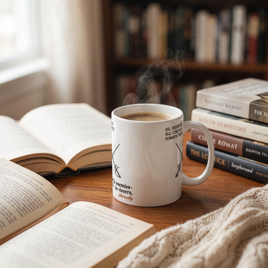 Me, defending my all-time favorite romance trope — it’s enemies-to-lovers, obviously — mug in a reader’s hands