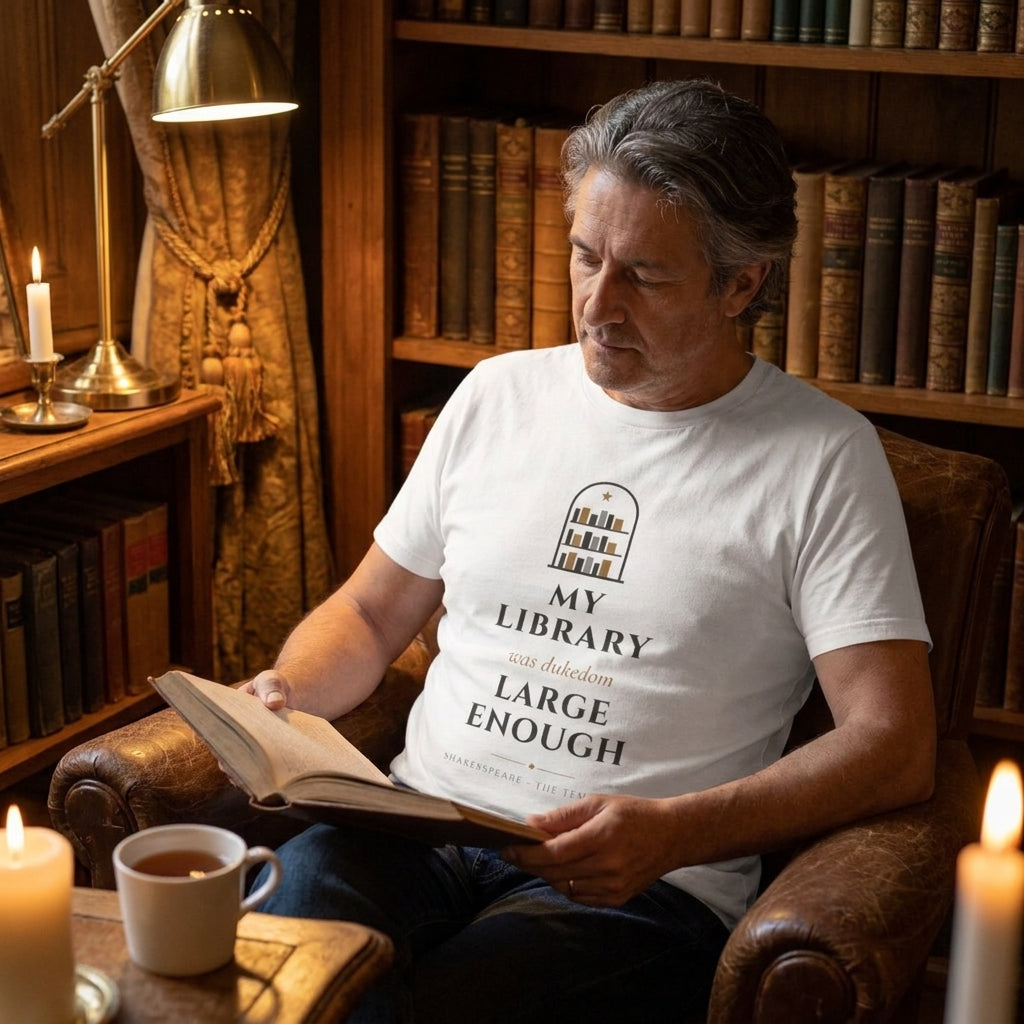 My library was dukedom large enough — t-shirt worn by a reader