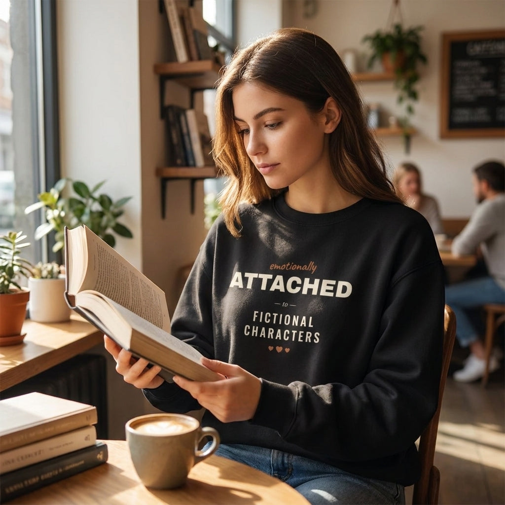 Emotionally Attached to Fictional Characters — sweatshirt worn by a reader