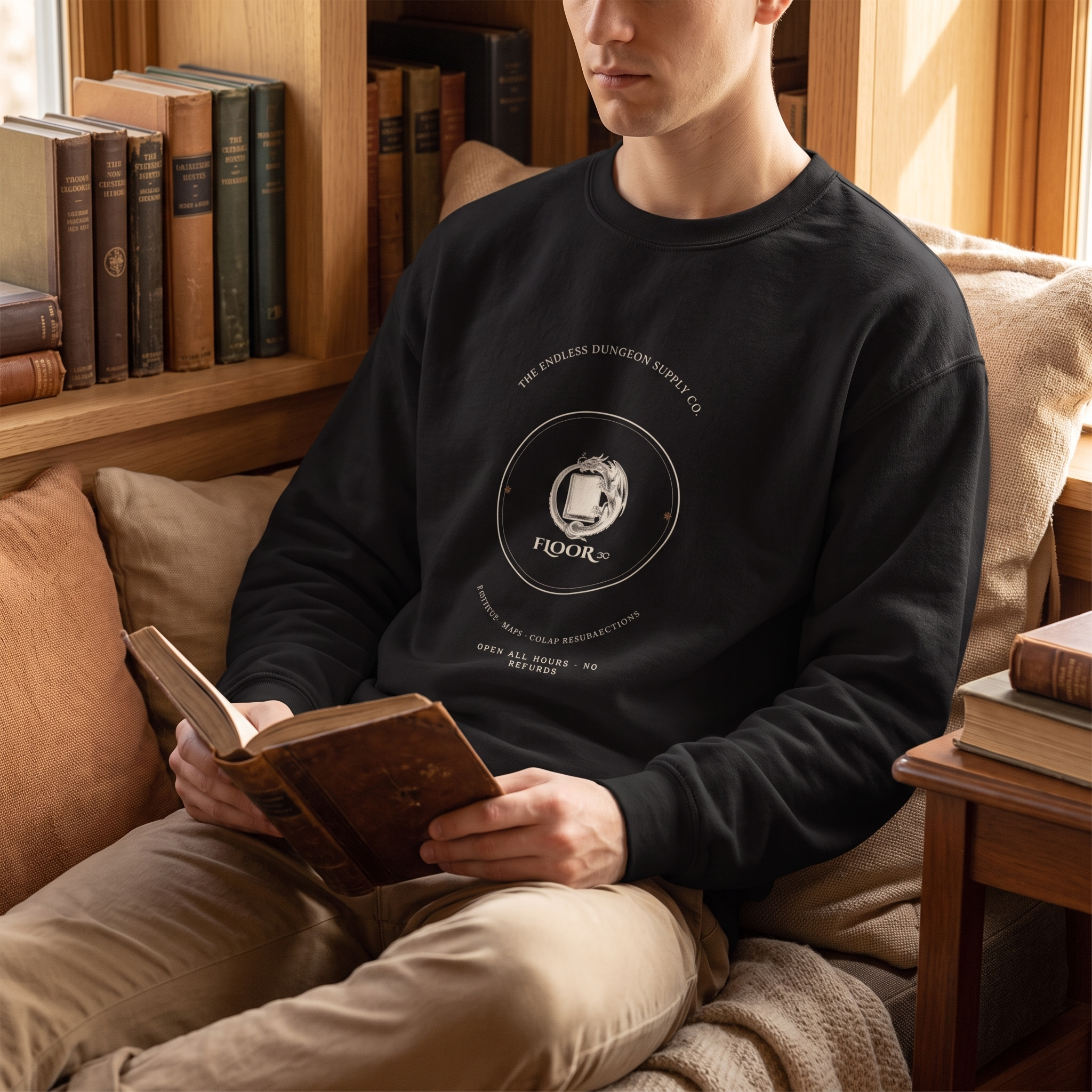 The Endless Dungeon Supply Co. — Potions · Maps · Cheap Resurrections — sweatshirt worn by a reader
