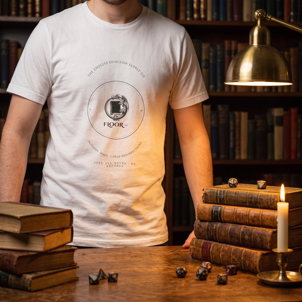 The Endless Dungeon Supply Co. — Potions · Maps · Cheap Resurrections — t-shirt worn by a reader