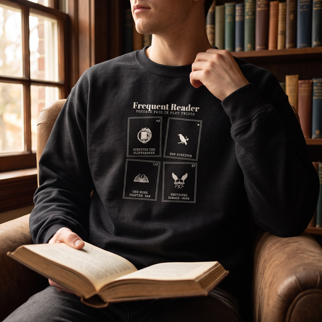 Frequent Reader — a sheet of achievements, postage paid in plot twists — sweatshirt worn by a reader