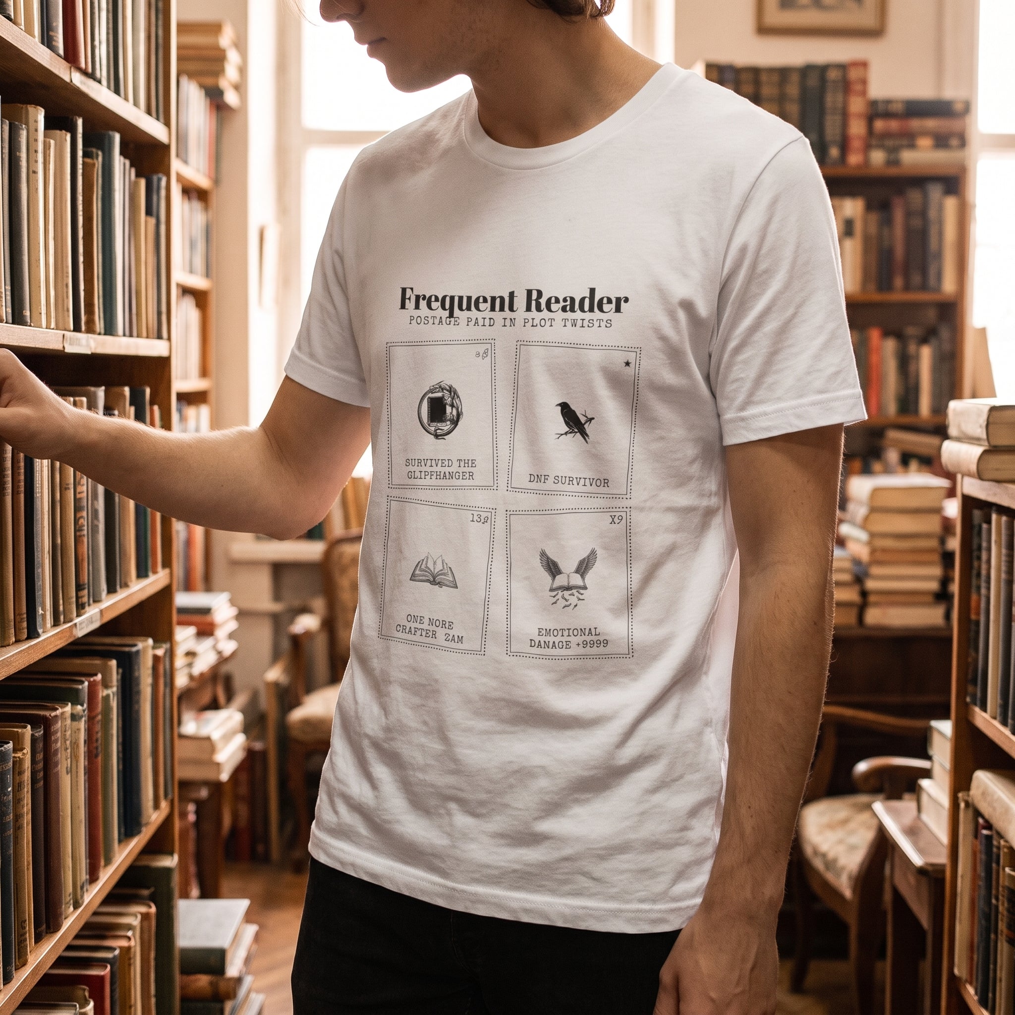 Frequent Reader — a sheet of achievements, postage paid in plot twists — t-shirt worn by a reader