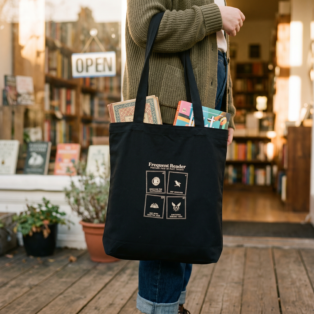 Frequent Reader — a sheet of achievements, postage paid in plot twists — tote bag carried by a reader