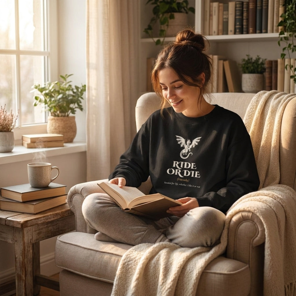 Ride or Die. Literally. — sweatshirt worn by a reader