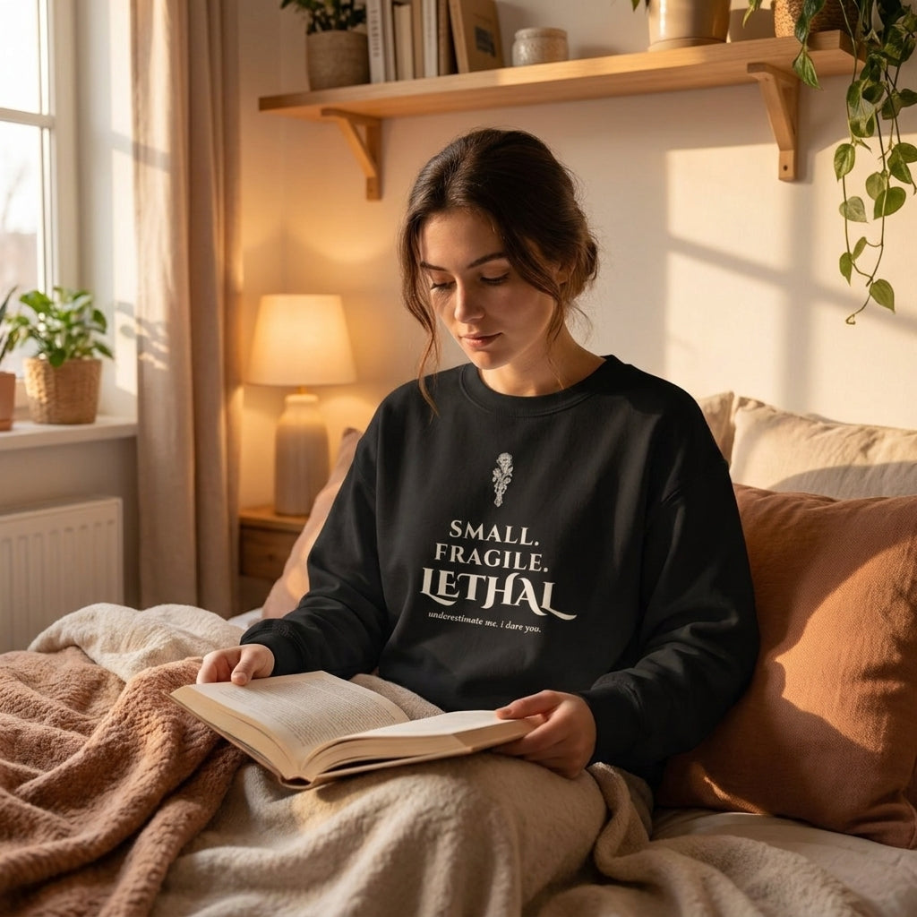 Small. Fragile. Lethal. — sweatshirt worn by a reader