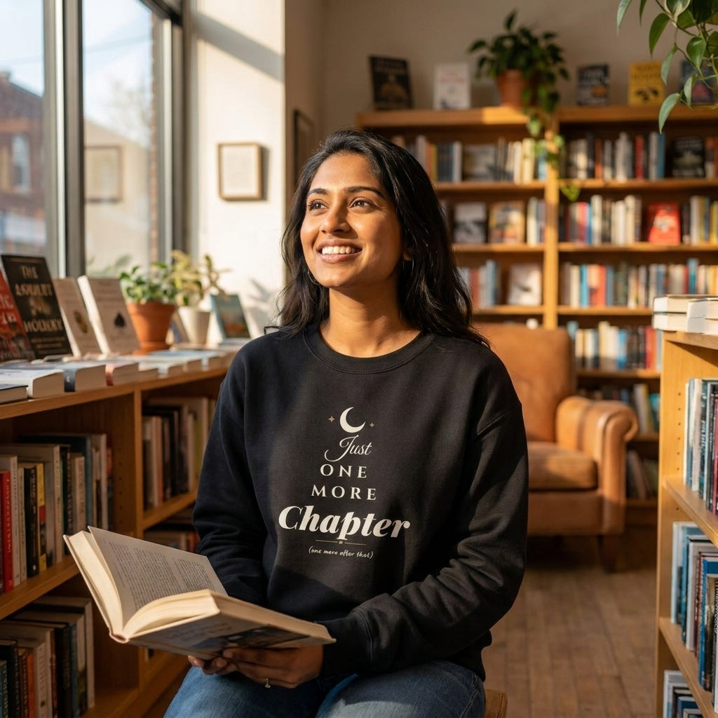 Just One More Chapter — sweatshirt worn by a reader