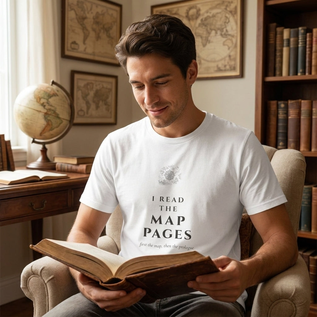 I Read the Map Pages — t-shirt worn by a reader