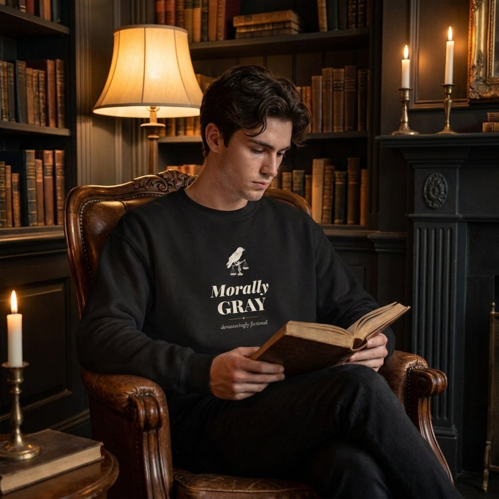 Morally Gray. Devastatingly Fictional. — sweatshirt worn by a reader