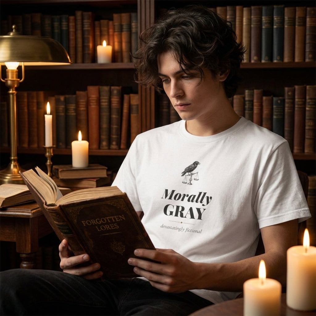 Morally Gray. Devastatingly Fictional. — t-shirt worn by a reader