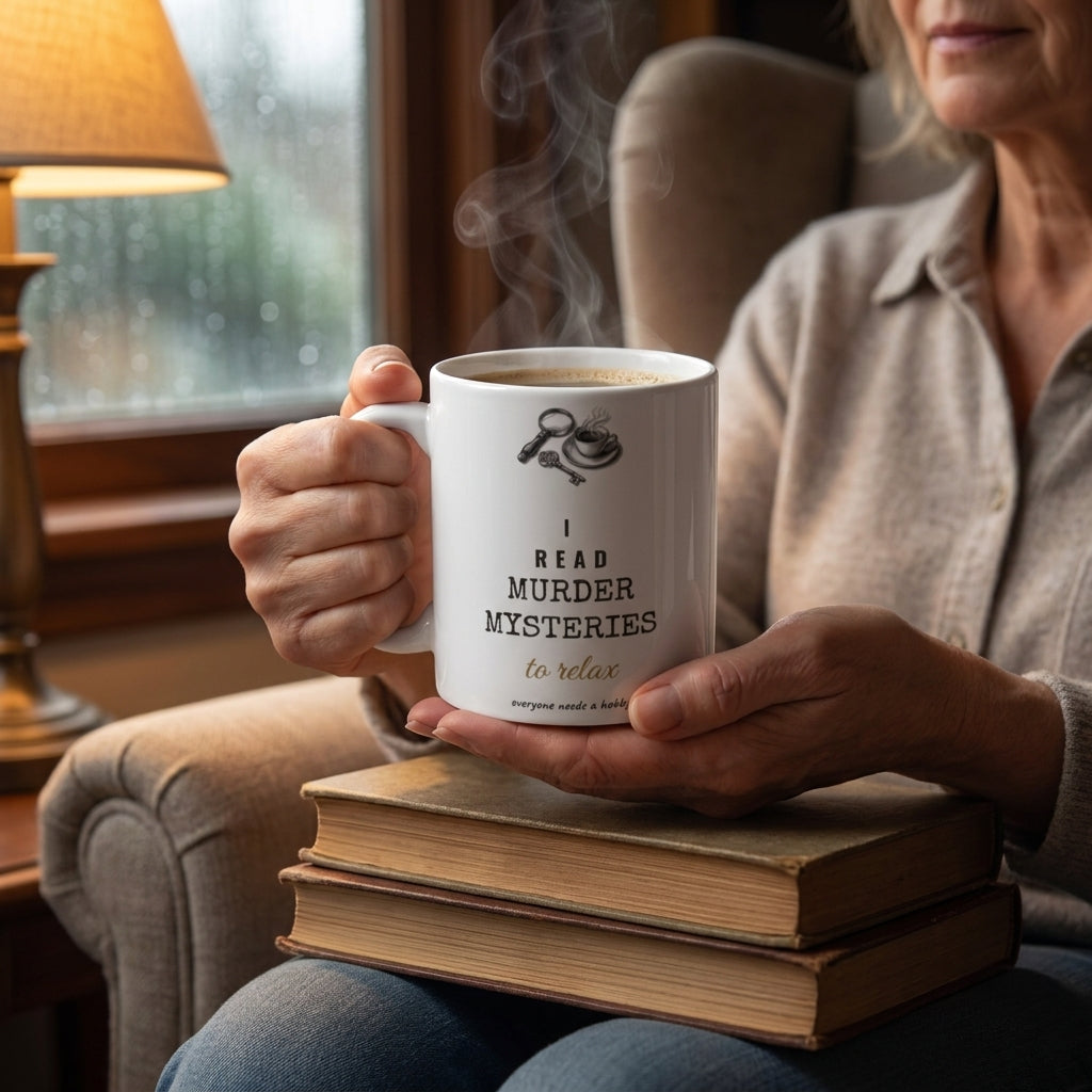 I Read Murder Mysteries to Relax — mug in a reader’s hands