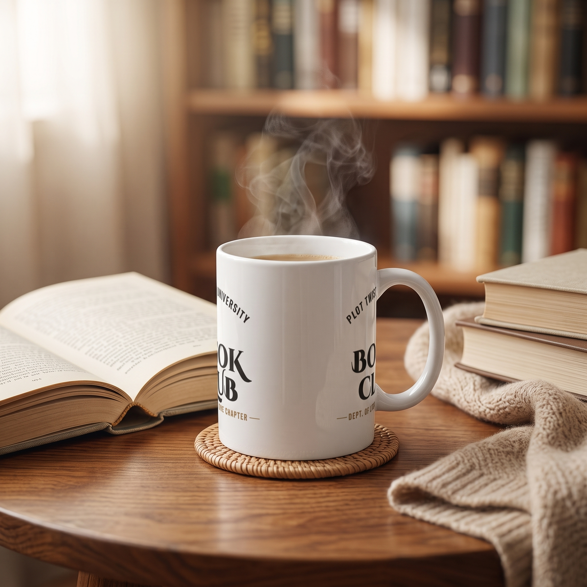 Plot Twist University — Dept. of One More Chapter — mug in a reader’s hands