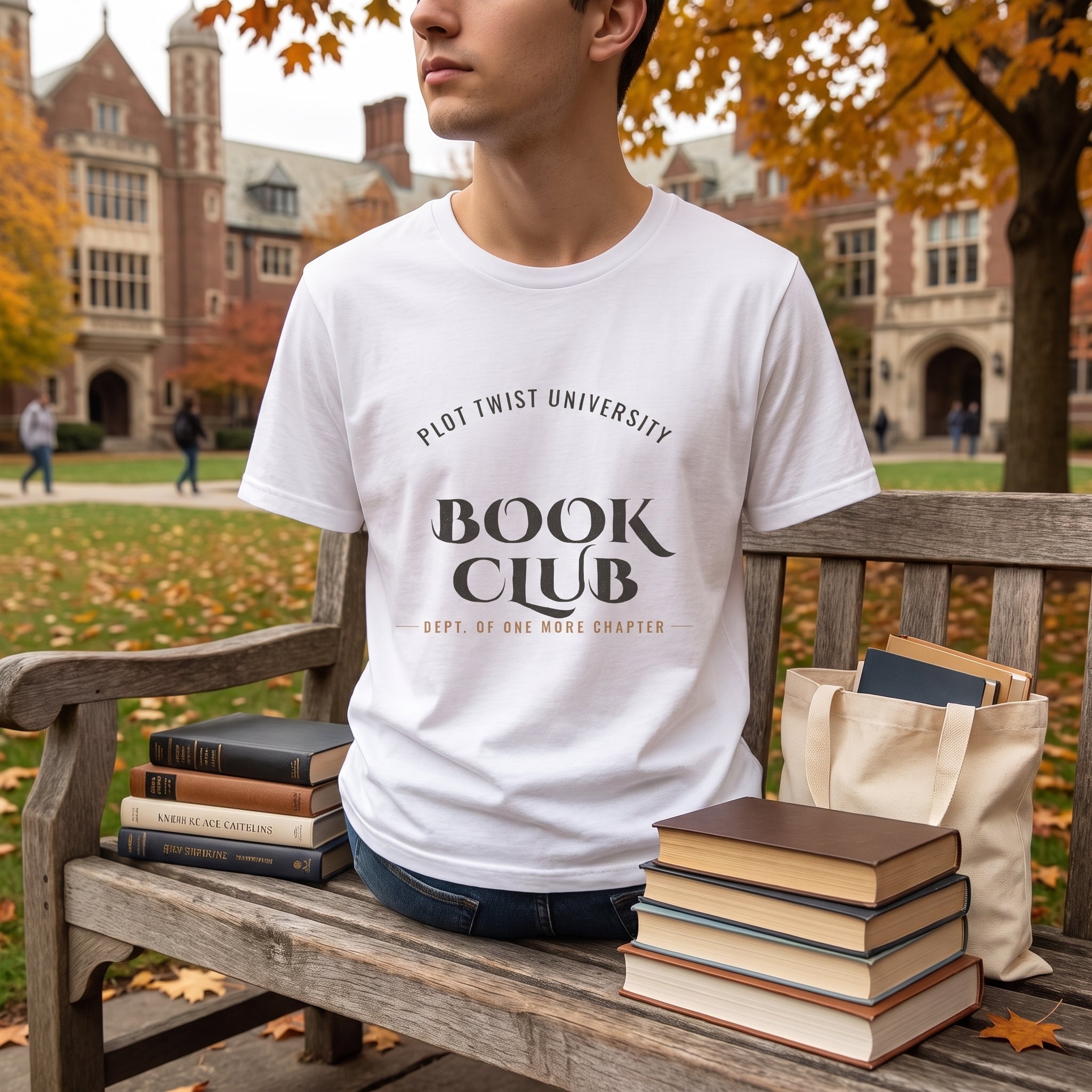 Plot Twist University — Dept. of One More Chapter — t-shirt worn by a reader
