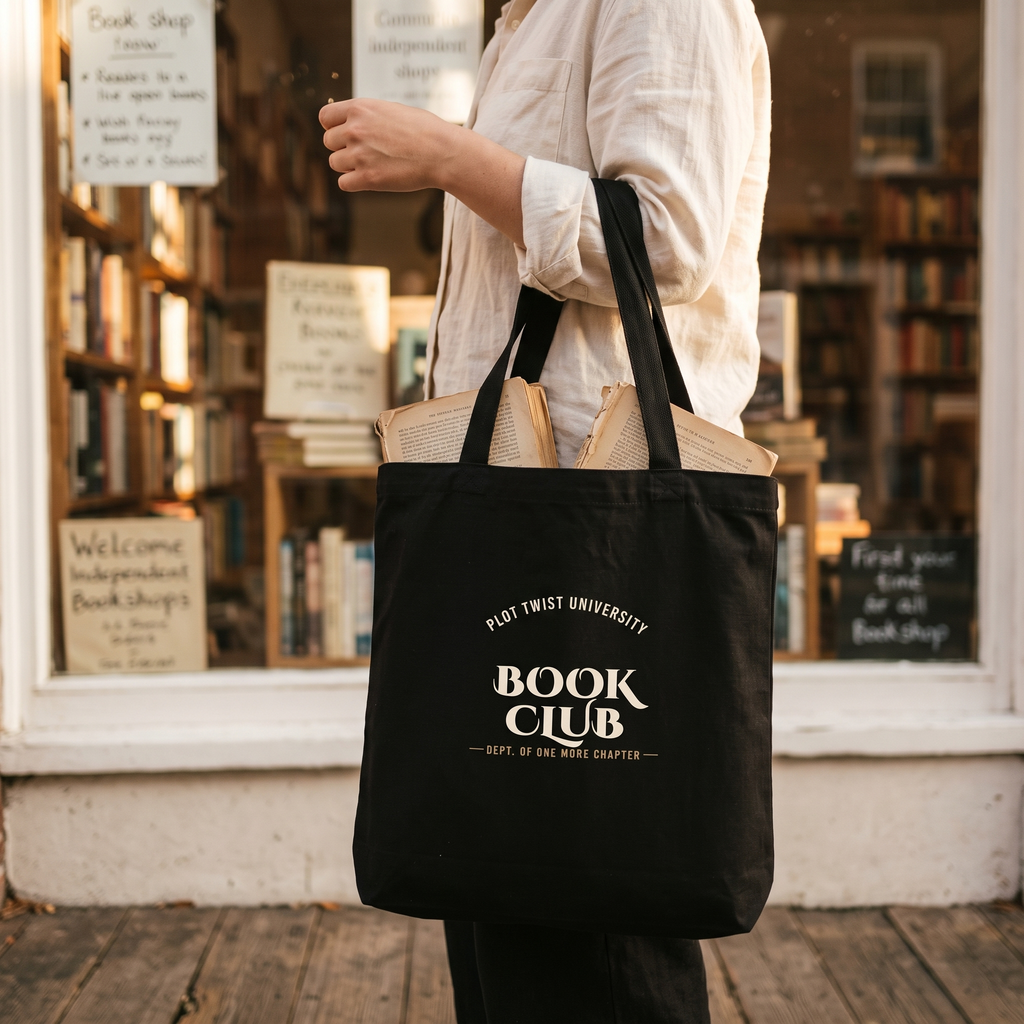 Plot Twist University — Dept. of One More Chapter — tote bag carried by a reader