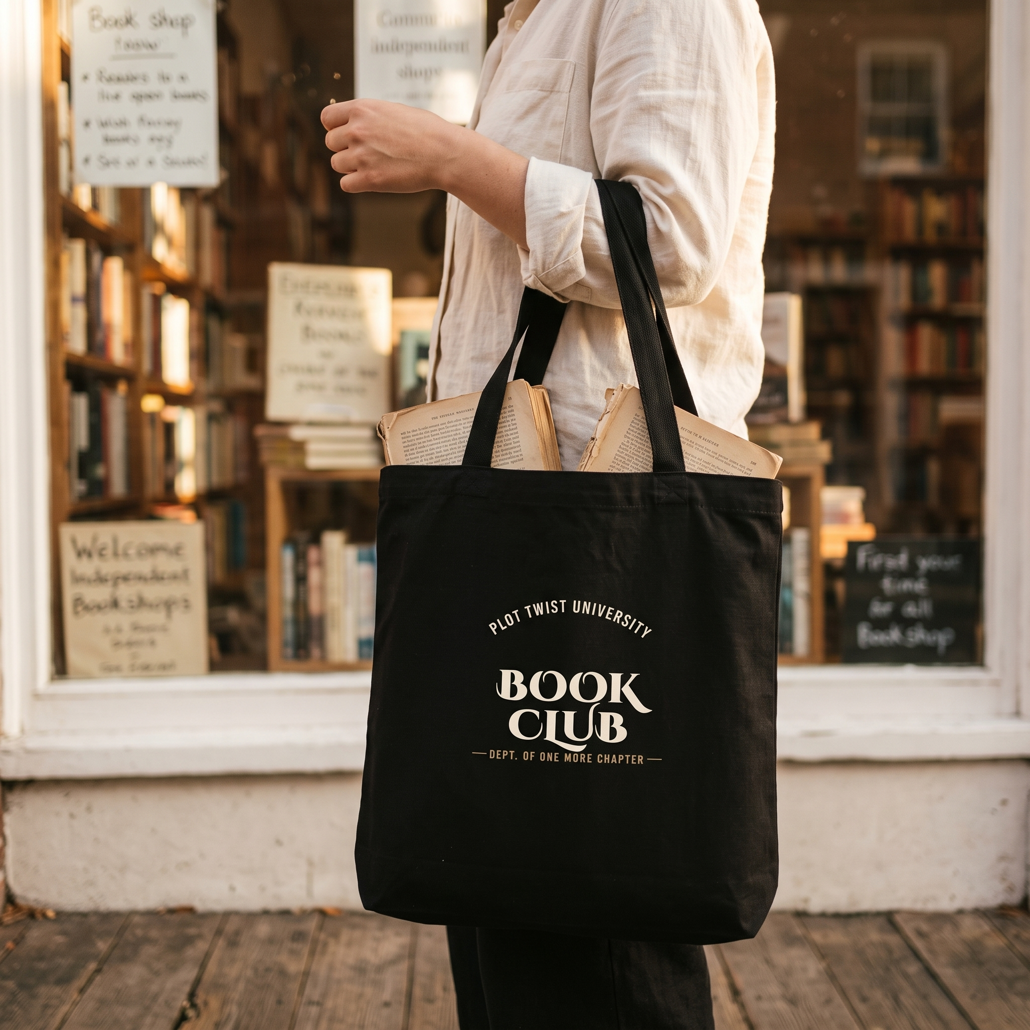 Plot Twist University — Dept. of One More Chapter — tote bag carried by a reader
