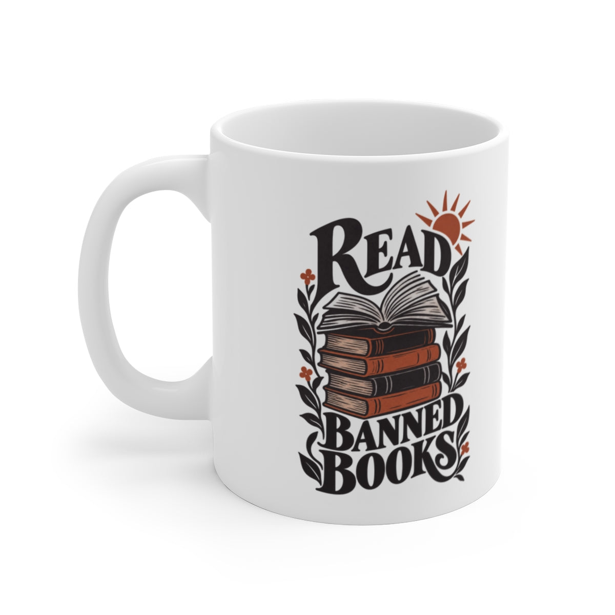 Read Banned Books Mug — white 11 oz mug, first printed side