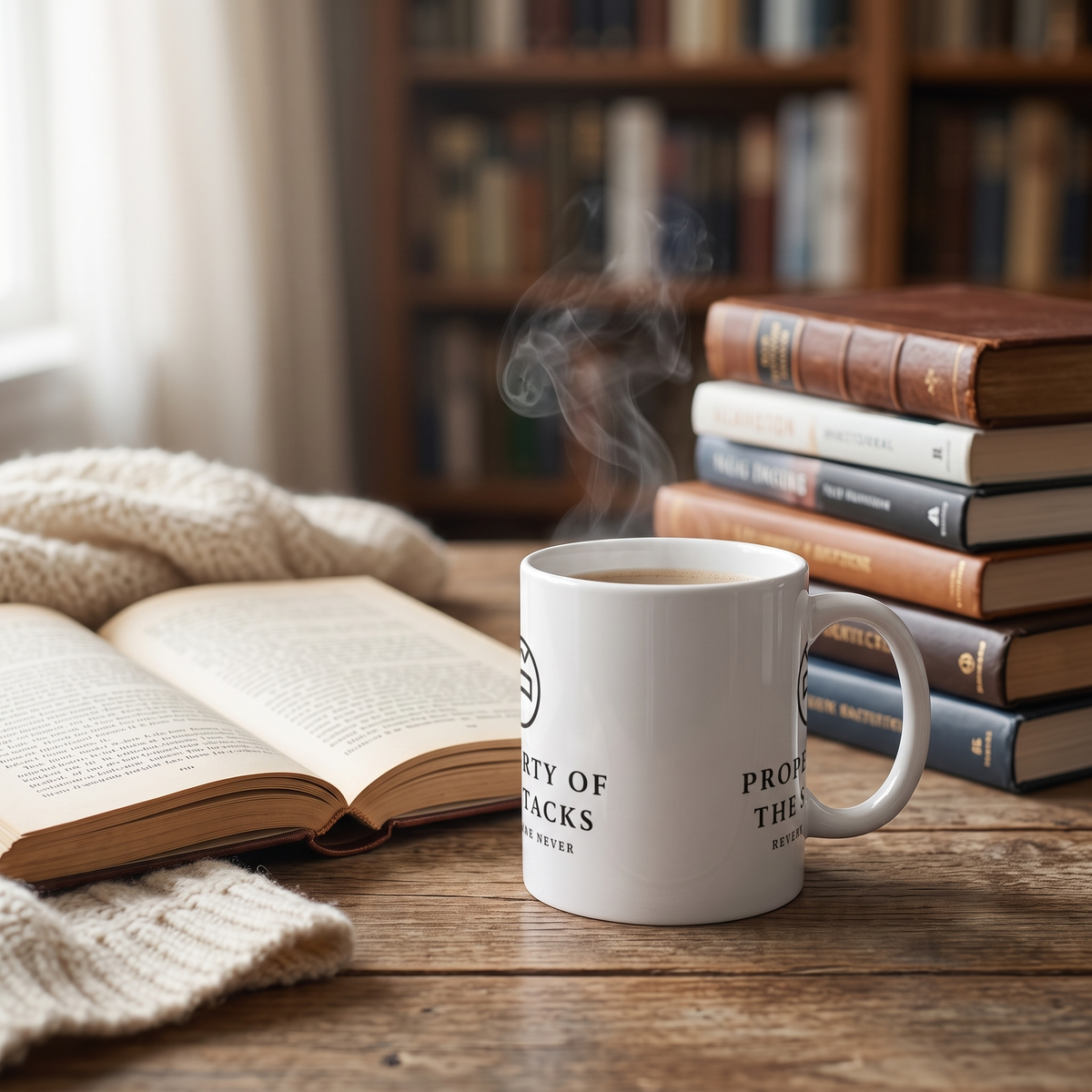 Property of the Stacks — a reader’s sigil — mug in a reader’s hands