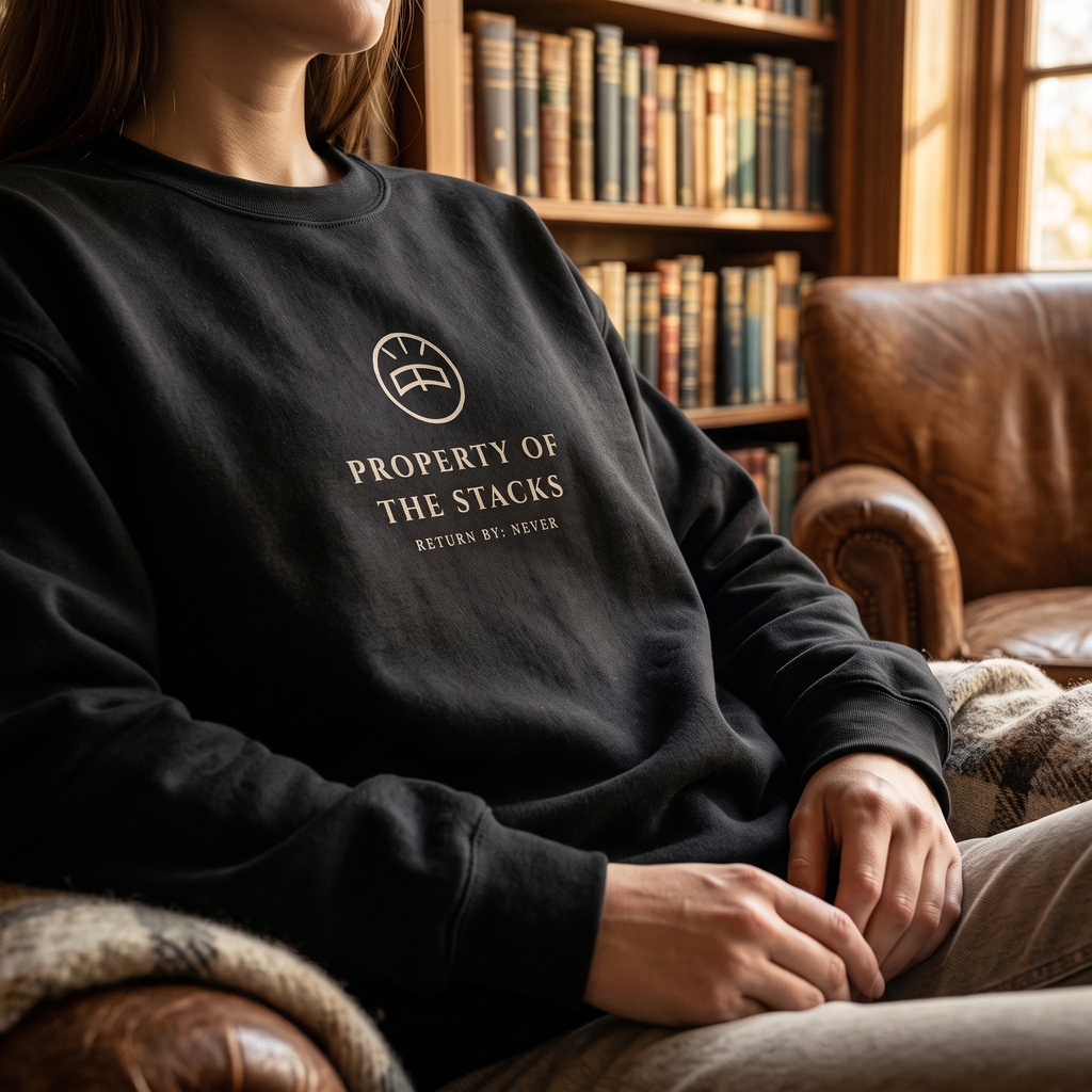 Property of the Stacks — a reader’s sigil — sweatshirt worn by a reader
