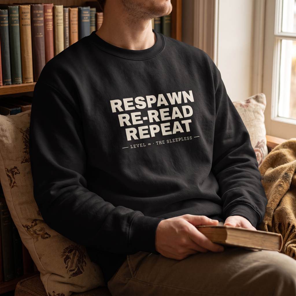 Respawn · Re-Read · Repeat — Level ∞, the sleepless — sweatshirt worn by a reader