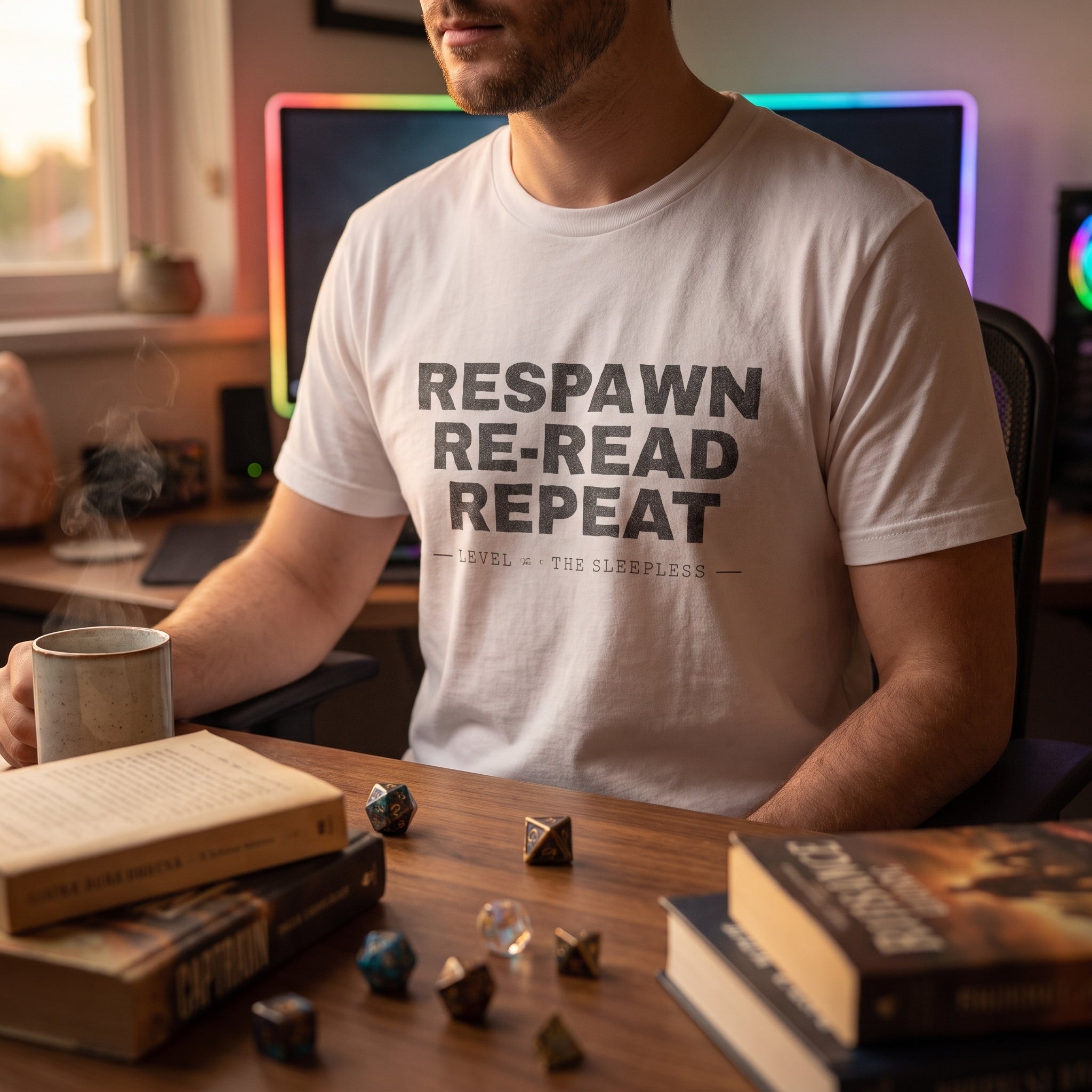 Respawn · Re-Read · Repeat — Level ∞, the sleepless — t-shirt worn by a reader