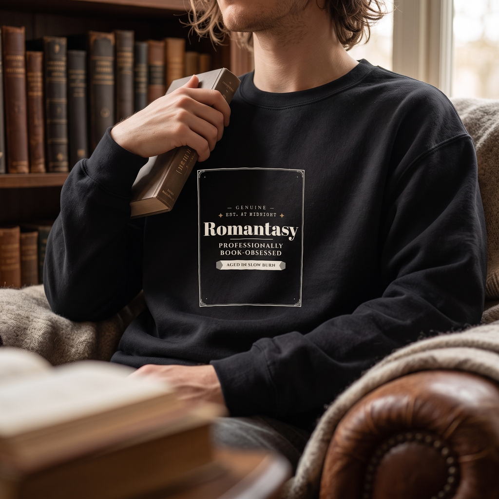 Romantasy — Professionally Book-Obsessed — sweatshirt worn by a reader