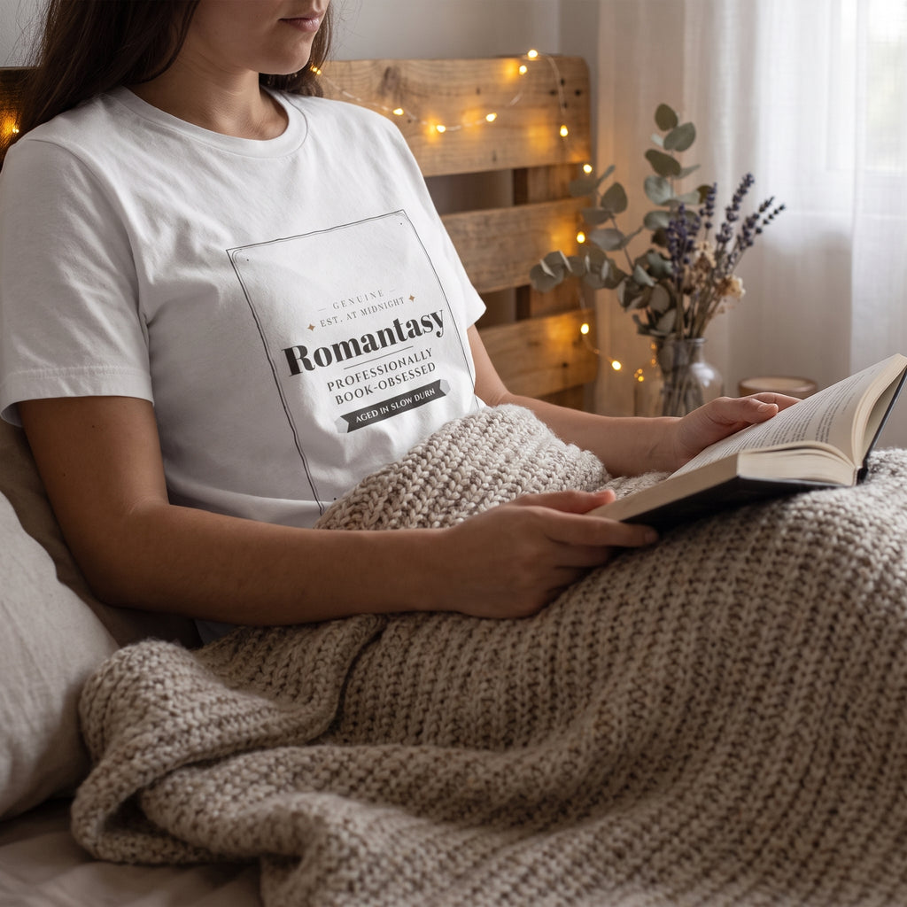 Romantasy — Professionally Book-Obsessed — t-shirt worn by a reader